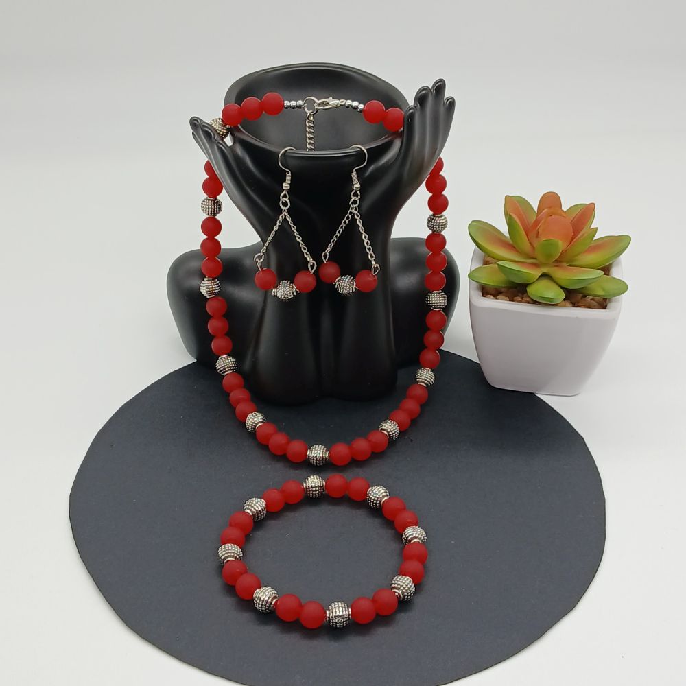 110 Parure Complète Bijoux Calcédoine Rouge Mat