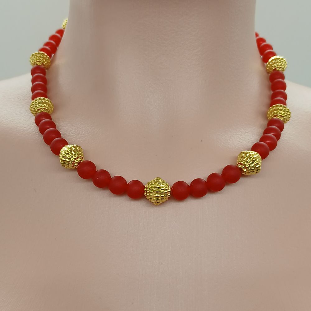 Collier Femme Calcédoine Rouge Mat Givré
