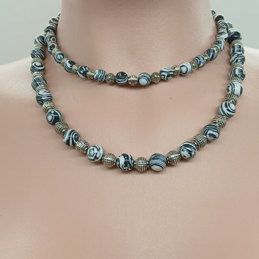 102 Collier Agate Blanc Noir Double