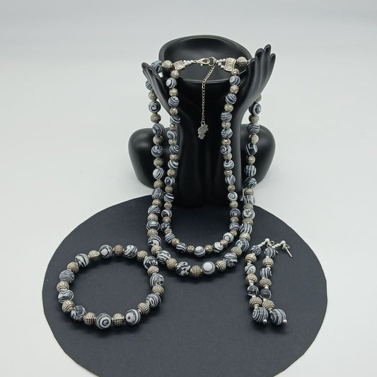 100 Parure Complète Bijoux Agate Blanc-Noir