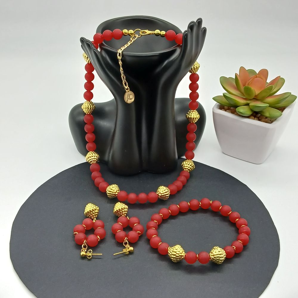 115 Parure Complète Bijoux Calcédoire Rouge Givré