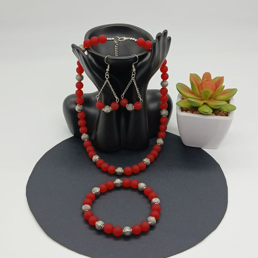 110 Parure Complète Bijoux Calcédoine Rouge Mat