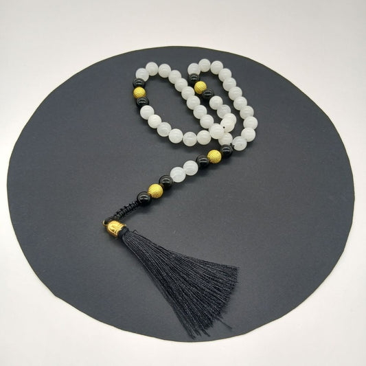 18 Chapelet Tasbih 33 perles en Agate blanche et noire