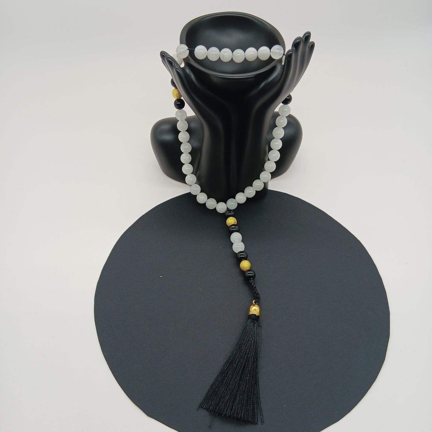Chapelet Tasbih 33 Perles en Agate Blanc-Noir