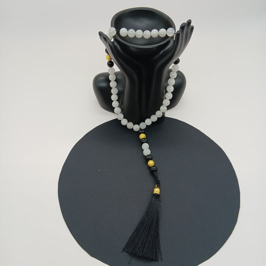 18 Chapelet Tasbih 33 perles en Agate blanche et noire